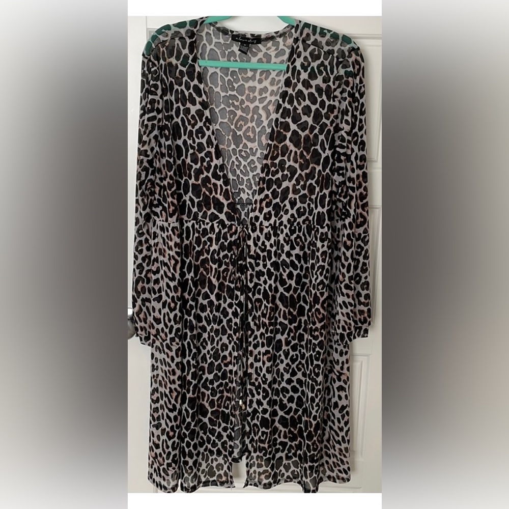 Leopard Animal Print Sheer Cardigan Duster Tie Front Swimsuit Swim Cover Up 1x